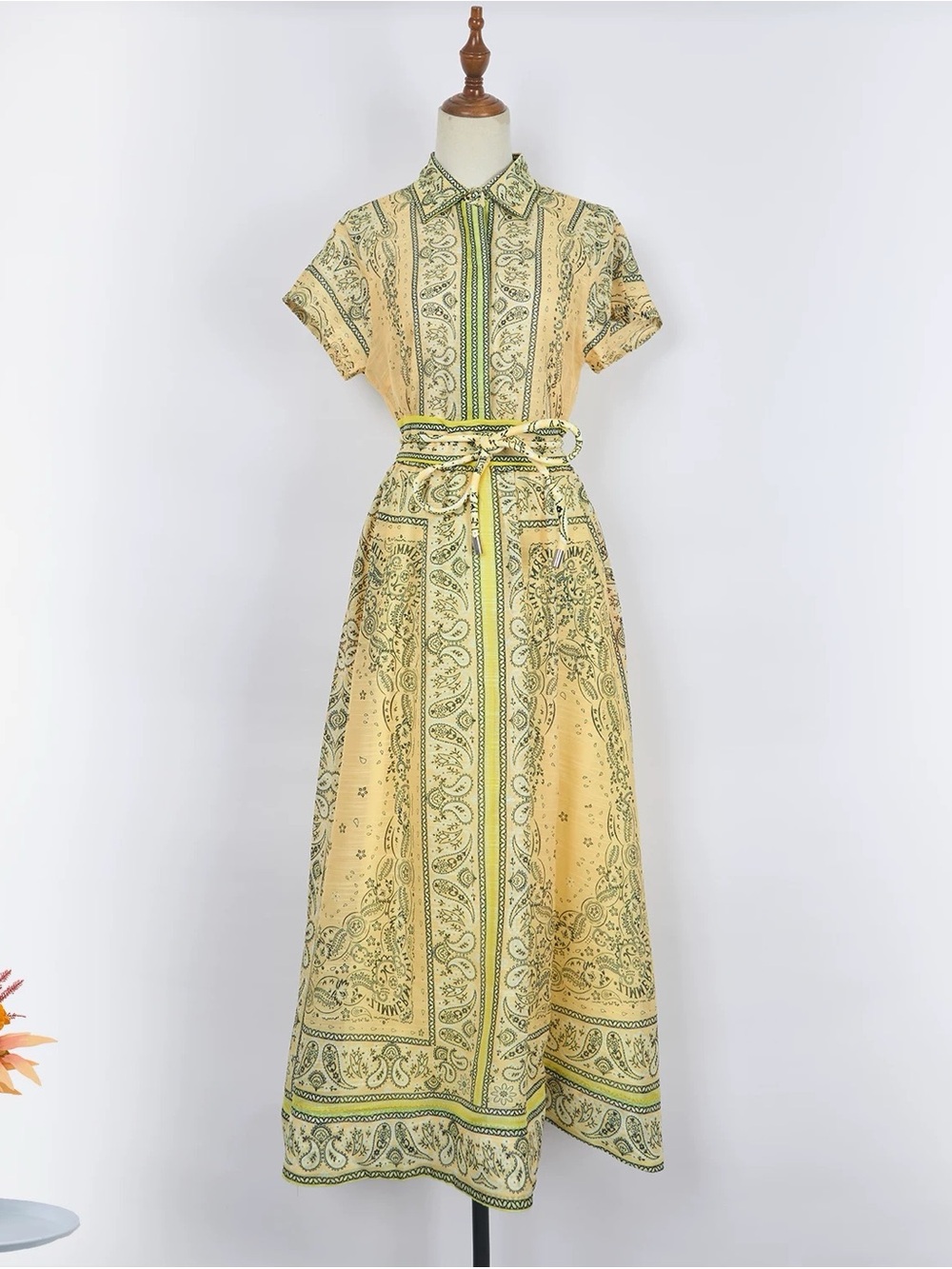Designer-style Yellow Paisley Print Shirt Skirt Set with Belt - New